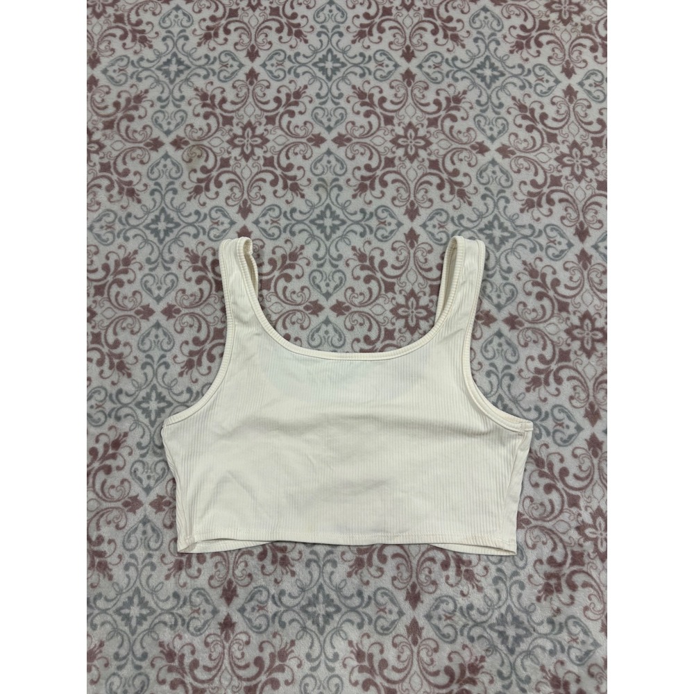 SHEIN Off White Ribbed Knit Scoop Neck Crop Top Curved Hem Large - Picture 5 of 6